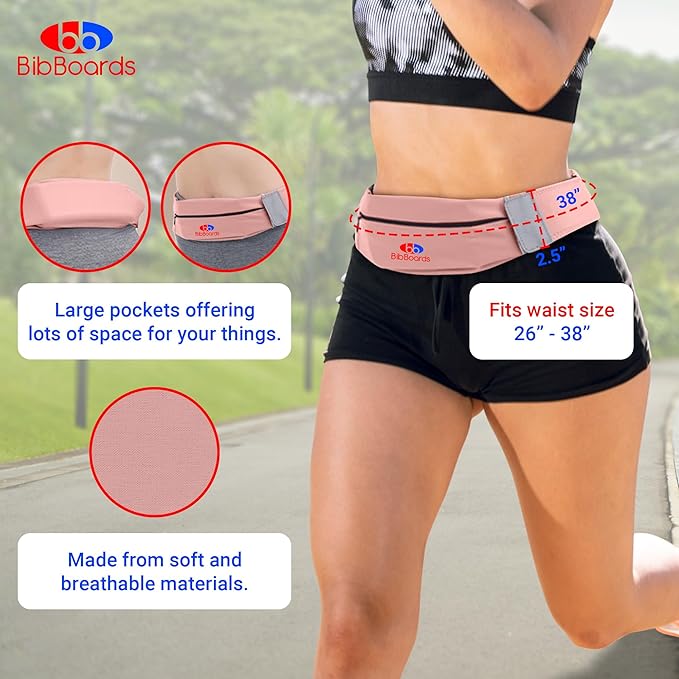 BibBoards Running Belt, Pink | No-Bounce, Water & Sweat-Resistant Fanny Pack for Phone, Keys, Cards | Adjustable Waist 38”-48” | Lightweight for Running, Cycling, Hiking, Marathons and Races
