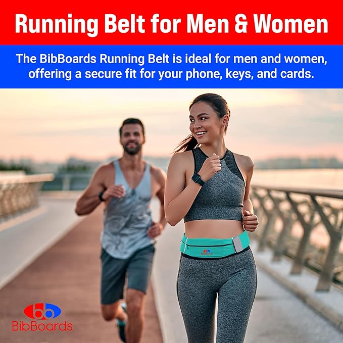 BibBoards Running Belt, Turquoise | No-Bounce, Water & Sweat-Resistant Fanny Pack for Phone, Keys, Cards | Adjustable Waist 38”-48” | Lightweight for Running, Cycling, Hiking, Marathons and Races