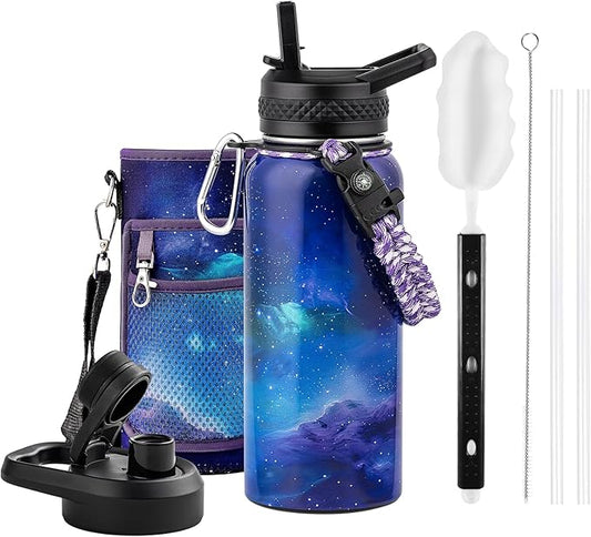 32oz Insulated Water Bottle, Triple Wall Vacuum Stainless Steel Water Bottles - Keeps Cold 48H, Reusable Metal water flask Jug for Gym, Sports, Camping, Hiking,Travel, Aurora-Purple