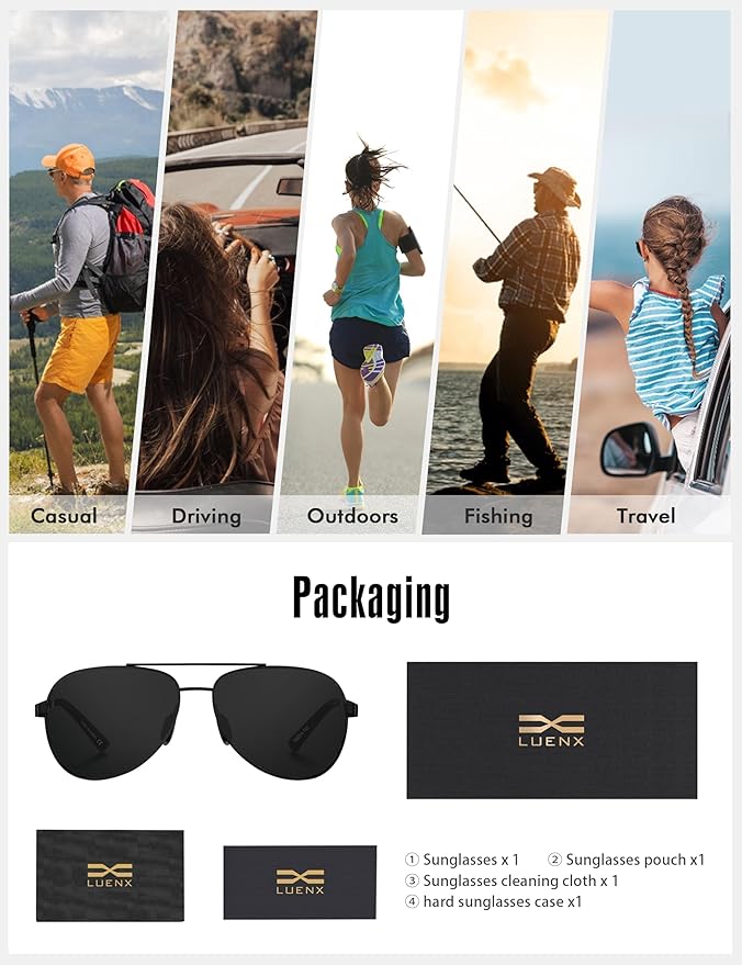 LUENX Aviator Sunglasses for Men Women Polarized - UV400 Protection, Stylish Shades, Driving, Outdoor Activities