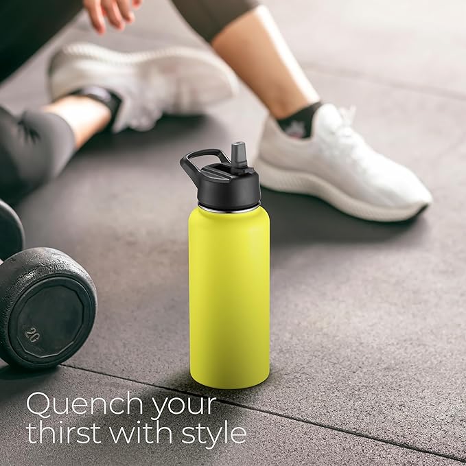 SIPX™ 32 oz Insulated Water Bottle with 3 Lids – Leakproof Stainless Steel, Triple Insulated – Cold 24 Hours/Hot 12 Hours – Durable Bottle for School, Gym, Travel – Yellow
