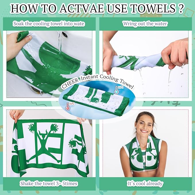 12 Pcs 12/24 Pcs Cheerleader Cooling Towel Cheer Gifts Bulk for Team Cheer Sports Gifts with Bags 40" x 12" Breathable Chilly Microfiber Cooling Towel for Yoga Sport Gym Party Favor (Green)