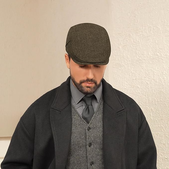 Men's Newsboy Cap Wool Blend Classic Herringbone Tweed Flat Caps Gatsby Cabbie Hats Ivy Irish Hat