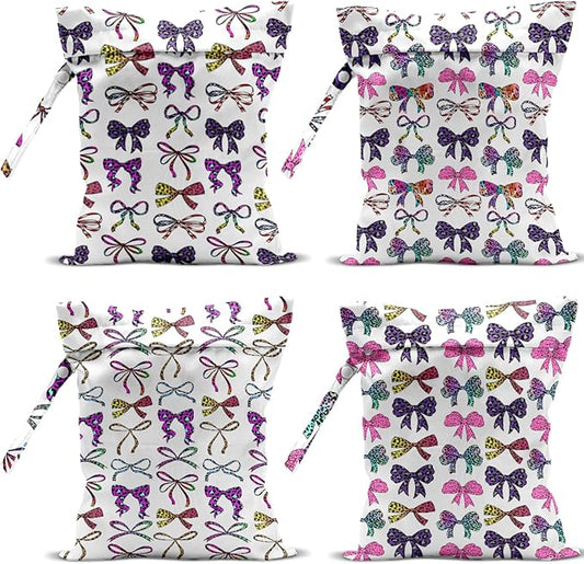 4 Pack Cute Pink Blue Bow Watercolor Leopard Bow Wet Bag Waterproof Reusable Wet Dry Bag for Swimsuit Dirty Clothes Diaper Beach Pool Party Camping Gift for Women Female Mom Birthday Christmas