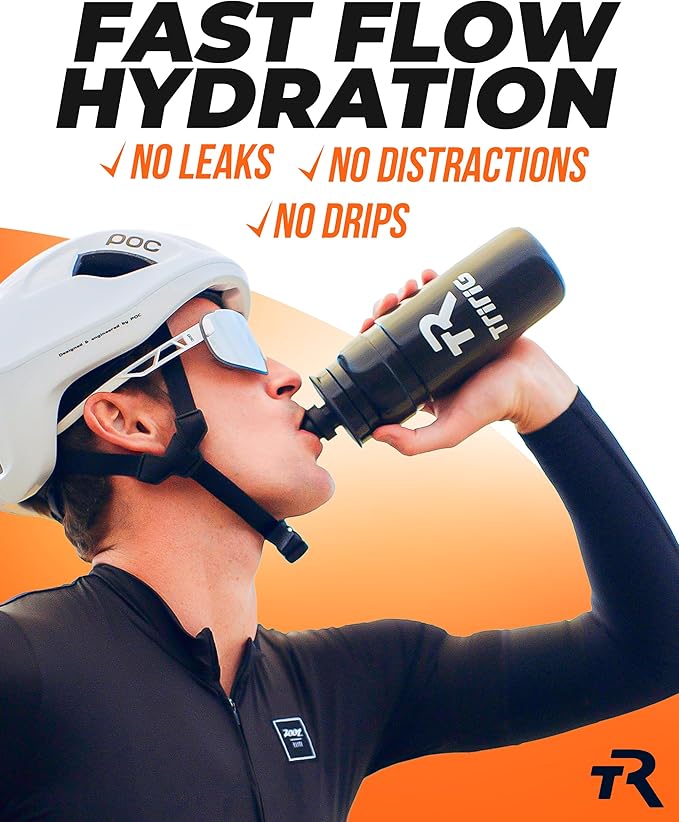 TRIRIG TR Cycling Water Bottles 25 Oz Black Featuring a Watergate Lid for Easy, Leak Proof Access - Fits Standard Bike Cages for Triathlon Bikes, Gym & Outdoor Lightweight Sports Water Bottle 750ml