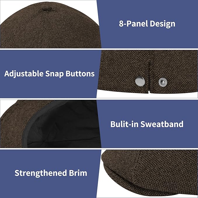 Men's Wool Blend Newsboy Cap Adjustable Gatsby Ivy Newsies Cabbie Hat Classic 8 Panel Tweed Flat Winter Hat