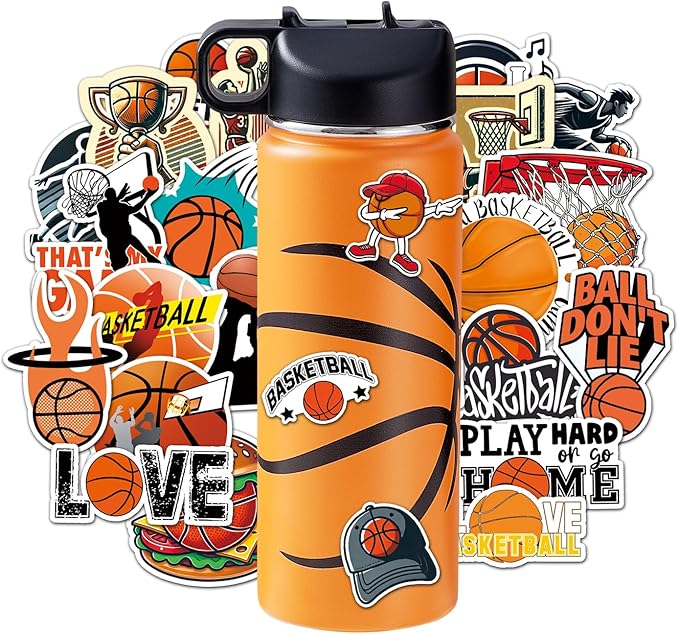 Basketball Water Bottles for Boys 18 oz and 100 PCS Basketball Stickers Sports Insulated Stainless Steel Water Bottle Basketballs Accessories Stuff Gear Gifts For 8-12 12-14 Player