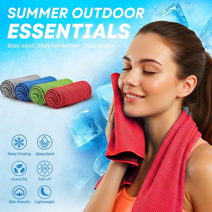 4 Pack Cooling Towels (40"x 12"), Soft Breathable Gym Towels, Outdoors Ice Towel for Neck and Face, Camp Essentials Microfiber Sweat Towels for Gym, Run, Yoga, Workout, Travel, Climb