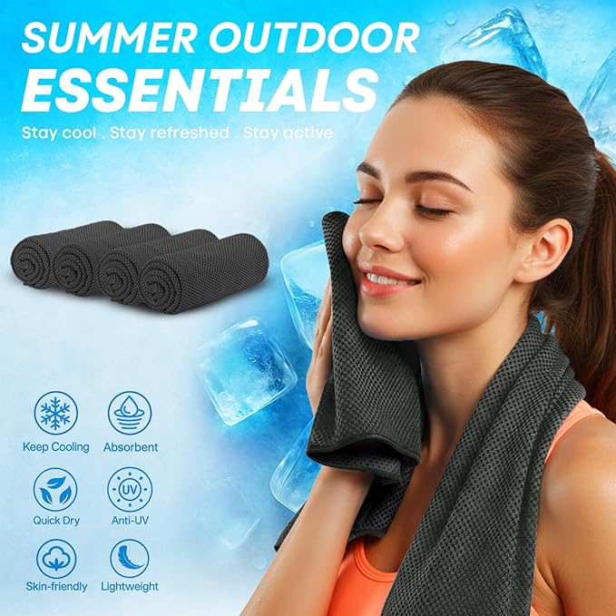 4 Pack Cooling Towels (40"x 12"), Soft Breathable Gym Towels, Outdoors Ice Towel for Neck and Face, Camp Essentials Microfiber Sweat Towels for Gym, Run, Yoga, Workout, Travel, Climb