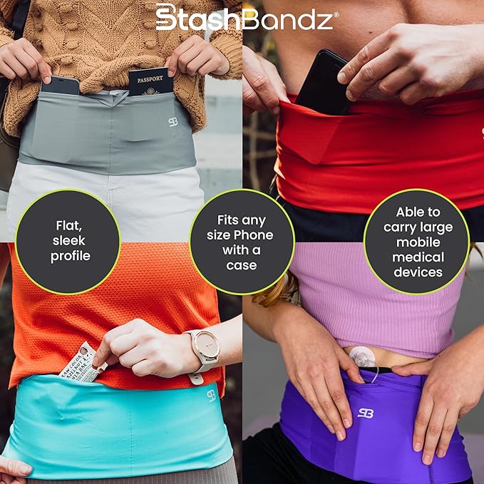 StashBandz Running Belt for Women & Men – No-Bounce Fanny Pack with 4 Secure Pockets & Zipper for Phone, Money & Essentials – Flip Belt Style Design for Running, Travel & Everyday Use