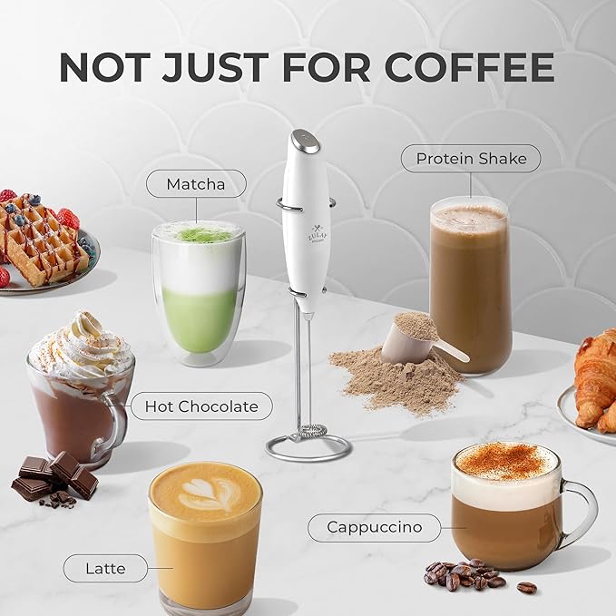 Zulay Powerful Milk Frother (4 Duracell Batteries Included) - Handheld Milk Frother Wand Drink Mixer for Coffee - Powerful Milk Foamer for Cappuccino, Frappe, Matcha & Creamer - White