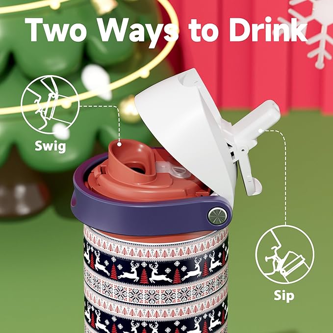 24 oz Christmas Insulated Water Bottle: Meoky Stainless Steel Water Bottle with 2-in-1 Straw Lid - Leak Proof, Cold for 24 Hours, Protective Silicone Base, Christmas Gifts for Women Men, Winter Joy