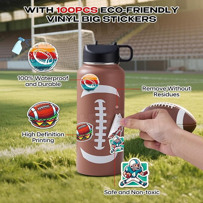 Football Water Bottles for Boys 32 oz and 100 PCS Football Stickers Sports Insulated Stainless Steel Water Bottle Footballs Accessories Stuff Gear Gifts For 8-12 12-14 Player