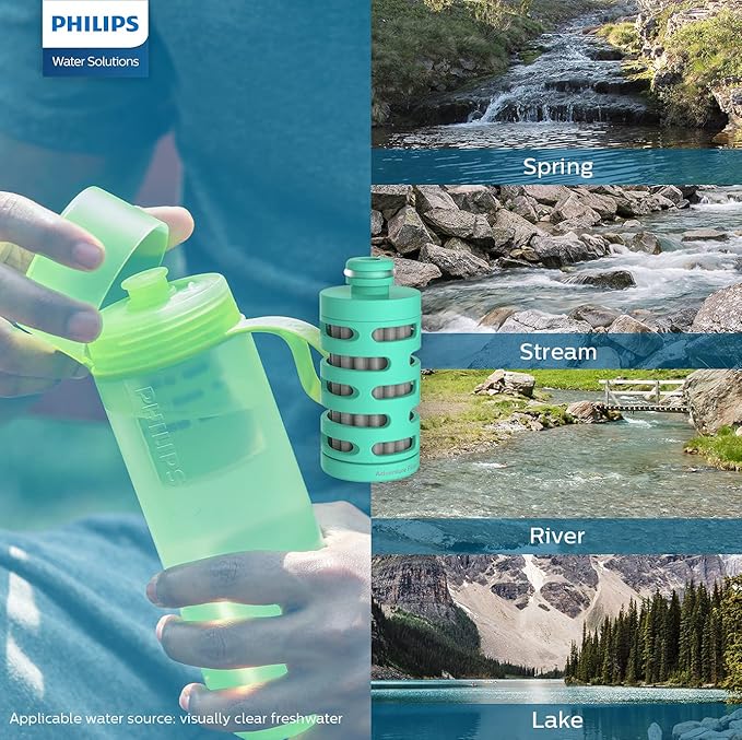 PHILIPS Water GoZero Active BPA-Free Water Bottle with River/Lake/Spring Water Filter for Hiking Camping, Sport Squeeze Water Bottle, Lightweight, Blue, 20 oz with Adventure Filter, Green