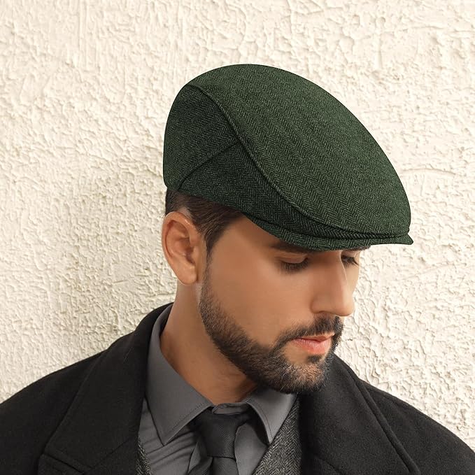 Men's Newsboy Cap Wool Blend Classic Herringbone Tweed Flat Caps Gatsby Cabbie Hats Ivy Irish Hat