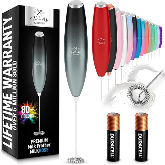 Zulay Kitchen Milk Frother Wand - Handheld Electric Coffee Frother (2 Duracell Batteries Included) - Easy-Clean Drink Mixer for Frappe, Matcha - Storm