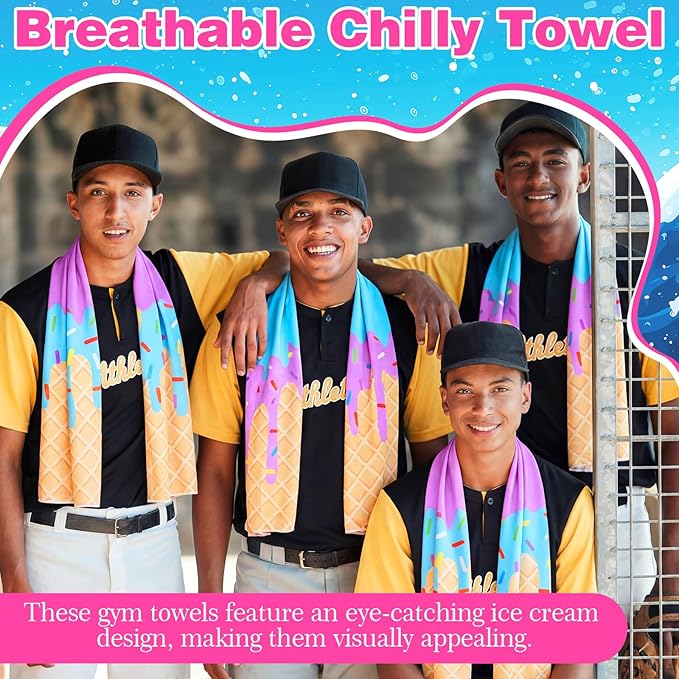12pcs Baseball Ice Cream Drip Cooling Towels 40"x12" Microfiber Cooling Towels Sweat Absorbent Chilly Washcloth Baseball Team Gift Party Favor for Hot Weather Yoga Gym