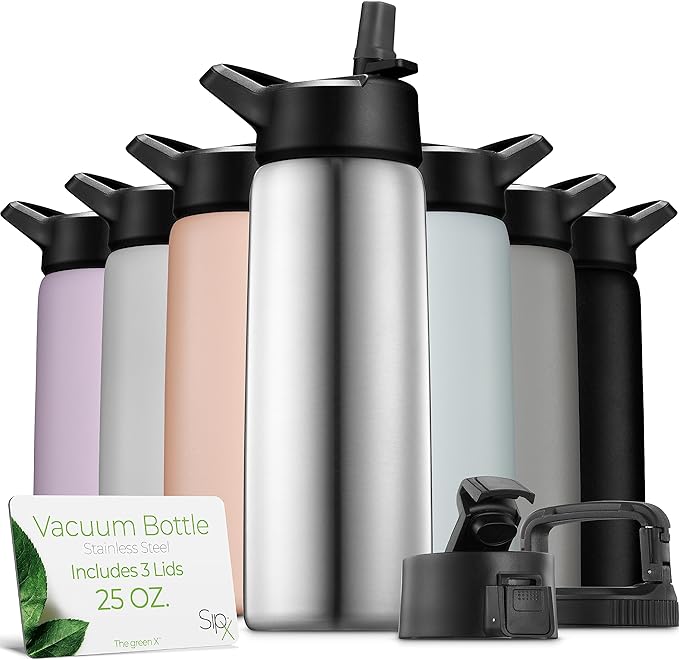 SipX™ 25 oz Insulated Water Bottle with 3 Lids – Leakproof Stainless Steel, Triple Insulated – Cold 24 Hours/Hot 12 Hours – Durable Bottle for School, Gym, Travel – Stainless