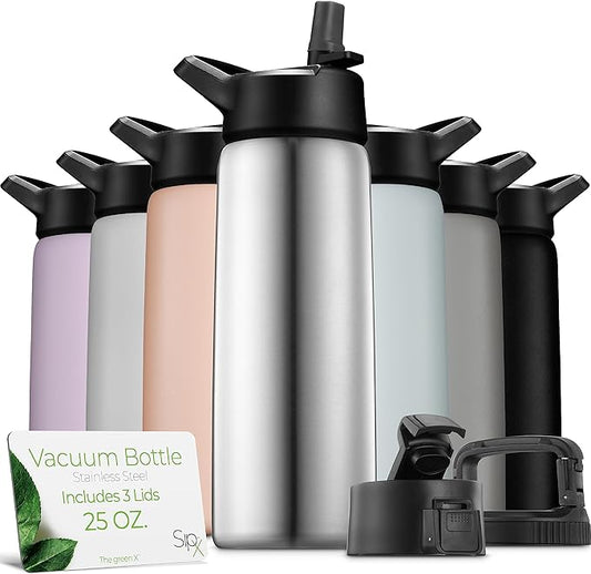 SipX™ 25 oz Insulated Water Bottle with 3 Lids – Leakproof Stainless Steel, Triple Insulated – Cold 24 Hours/Hot 12 Hours – Durable Bottle for School, Gym, Travel – Stainless