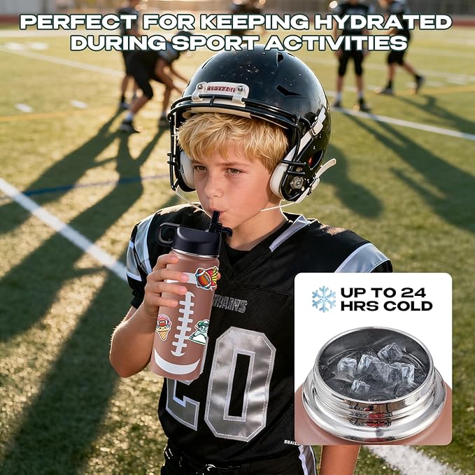 Football Water Bottles for Boys 18 oz and 100 PCS Football Stickers Sports Insulated Stainless Steel Water Bottle Footballs Accessories Stuff Gear Gifts For 8-12 12-14 Player