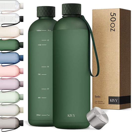 KIVY Large Water Bottle 50oz [Lightweight & Shatterproof] Fits Backpack & Cupholder for Travel, Sports, School - Extra large water bottle no straw - 1.5 Liter water bottles - 50oz Water bottle Green