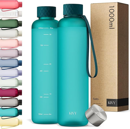 KIVY Slim Water Bottle 32oz [Lightweight & Shatterproof] Fits Backpack & Cupholder for Travel, Sports, School, Gym - Teal green water bottle no straw for Gym - Screw top - Dishwasher Safe