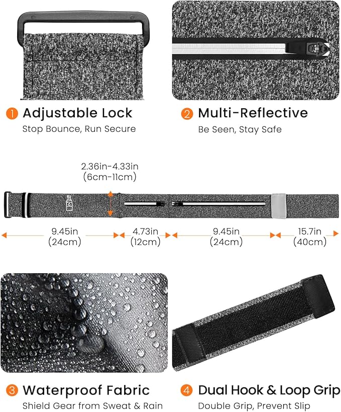 Running Belt for Women and Men, Adjustable Fanny Packs No Bounce Phone Holder for Running with Water Bottle & Headband, Waterproof Reflective Waist Packs for Runner Fits All Phones (L-Gray)