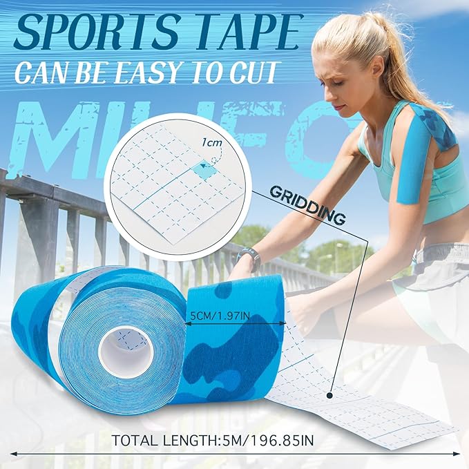 2 Rolls Kinesiology Tape, Waterproof Kinetic Tape 1.97 in x 16.4 ft, Uncut Cotton Elastic Athletic Strips for Knee, Shoulder, Ankle, Muscle Support (Blue and Blue Camouflage)