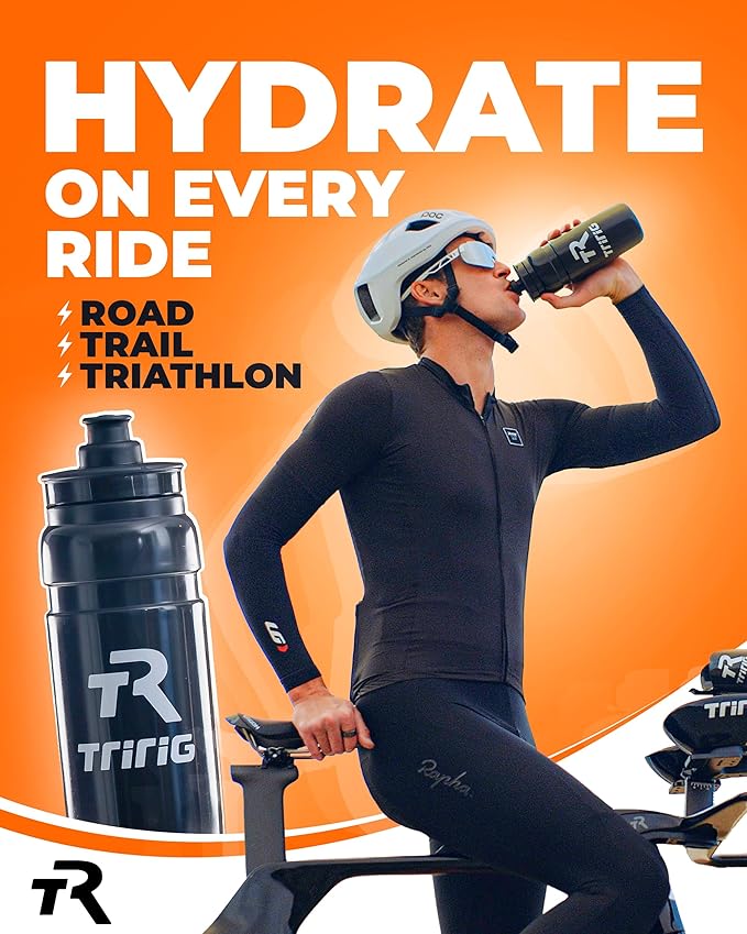 TRIRIG TR Cycling Water Bottles 25 Oz Black Featuring a Watergate Lid for Easy, Leak Proof Access - Fits Standard Bike Cages for Triathlon Bikes, Gym & Outdoor Lightweight Sports Water Bottle 750ml