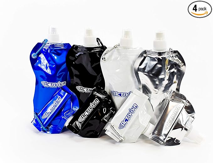 Collapsible Reusable Water Bottle with Carabiner Clip by Activiva - Light Weight Leak Proof Foldable Drinking Water Bottle - Non-Toxic BPA Free - 16.9 oz - 4 Pack