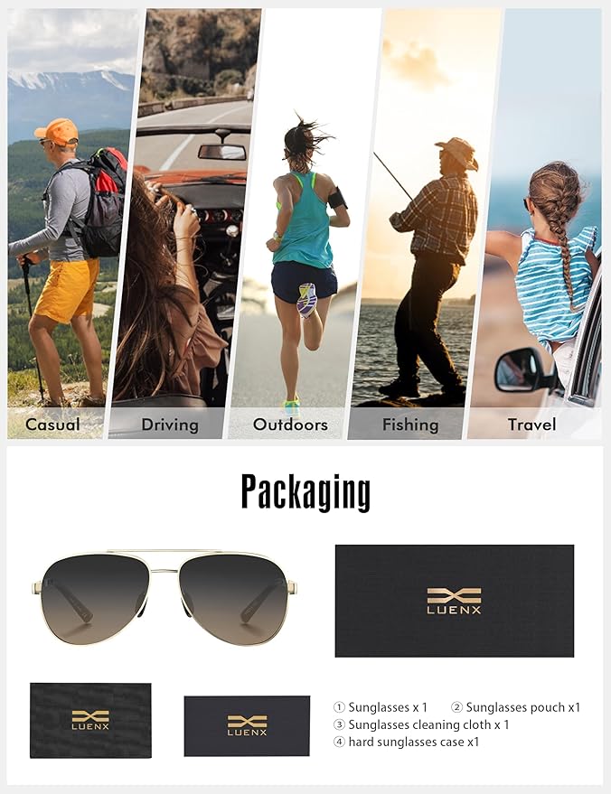 LUENX Aviator Sunglasses for Men Women Polarized - UV400 Protection, Stylish Shades, Driving, Outdoor Activities