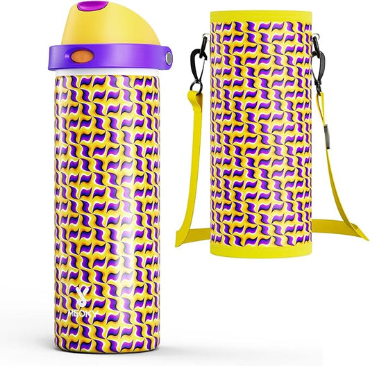 24 oz Insulated Water Bottle with Straw: Meoky Stainless Steel Water Bottle with Holder and Strap - Leak Proof, Cold for 24 Hours, Fits in Car Cup Holder, BPA-Free for Travel Sports Gym, Optic Wave