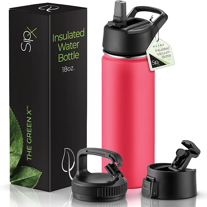 SipX™ 18 oz Insulated Water Bottle with 3 Lids – Leakproof Stainless Steel, Triple Insulated – Cold 24 Hours/Hot 12 Hours – Durable Bottle for School, Gym, Travel – Red