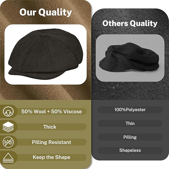 KUJUHA Wool Newsboy Cap for Men Flat Irish Cabbie Ivy Gatsby Newsboy Driving Hat Hunting Cap