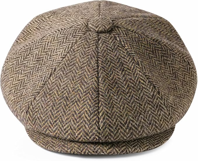 Men Wool Blend 8 Panel Newsboy Cap Tweed Cabbie Hat Snap Brim