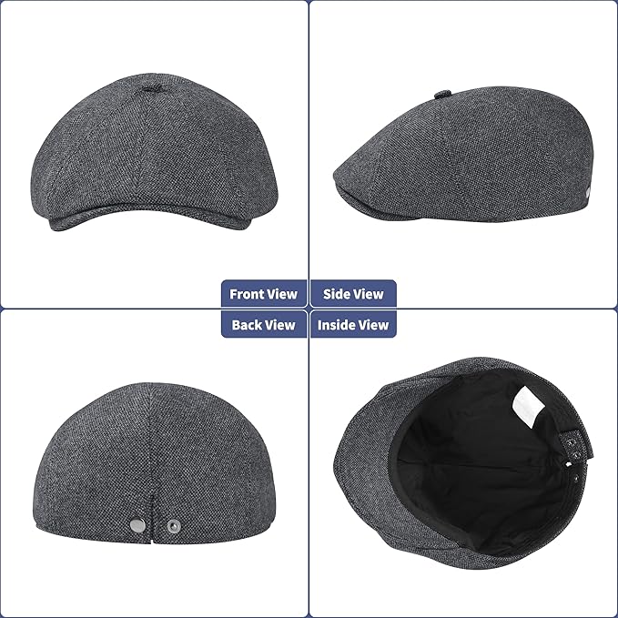 Men's Wool Blend Newsboy Cap Adjustable Gatsby Ivy Newsies Cabbie Hat Classic 8 Panel Tweed Flat Winter Hat