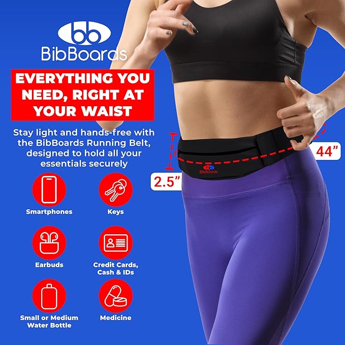 BibBoards Running Belt for Men & Women - Water & Sweat-Repellent No Bounce Runners Fanny Pack for Phone, Keys, Cards & Money, Adjustable Running Band for Marathon, Jogging, Cycling — Black, 44"