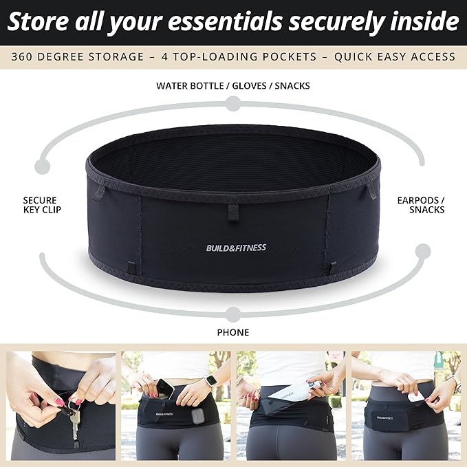Build & Fitness LiteBelt Running Belt – 4 Quick Top-Access Pockets –Flip Waist Pack, Running Phone Holder – Fits All Size Phones, Keys, Cards, Earpods, GUs – for Men and Women (Black, L)