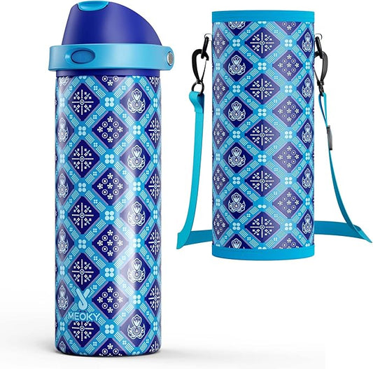 24 oz Insulated Water Bottle for Men: Meoky Stainless Steel Water Bottle with Holder and Shoulder Strap - Leak Proof, Cold for 24 Hours, Fits in Car Cup Holder, BPA-Free for Sports Travel, Blue Faith