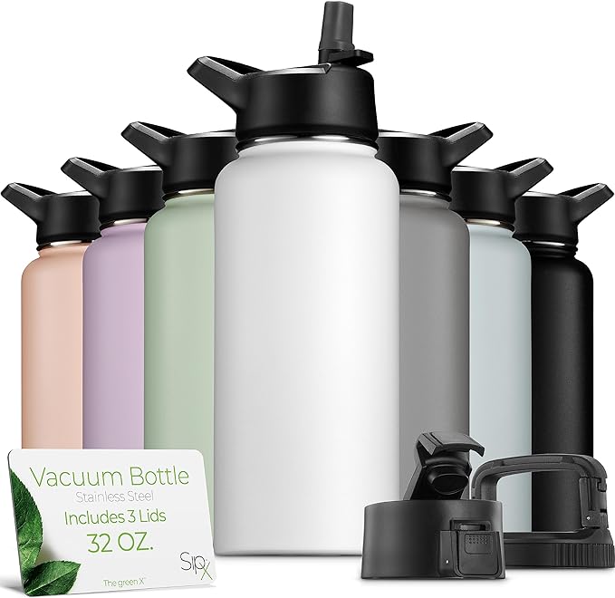 SIPX™ 32 oz Insulated Water Bottle with 3 Lids – Leakproof Stainless Steel, Triple Insulated – Cold 24 Hours/Hot 12 Hours – Durable Bottle for School, Gym, Travel – White