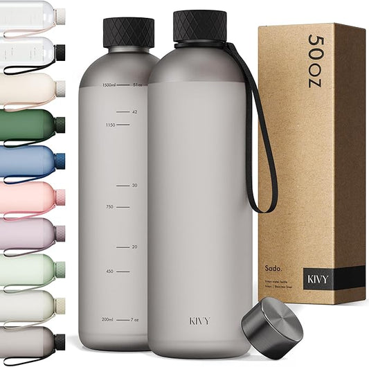 KIVY Large Water Bottle 50oz [Lightweight & Shatterproof] Fits Backpack & Cupholder for Travel, Sports, School - Black water bottle no straw - 1.5 Liter water bottles - 50oz Water bottle