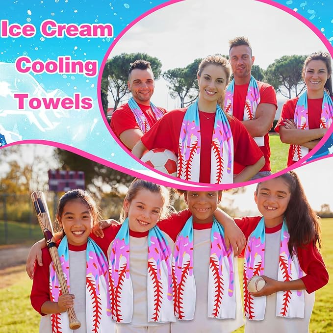 12pcs Baseball Ice Cream Drip Cooling Towels 40"x12" Microfiber Cooling Towels Sweat Absorbent Chilly Washcloth Baseball Team Gift Party Favor for Hot Weather Yoga Gym