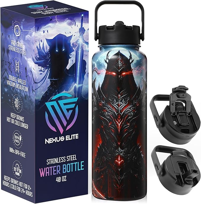 Insulated Water Bottle 40 oz –Hot and Cold Coffee Travel Drinks, Leakproof Sports Gaming & Gym Bottles, Large and Small Reusable Stainless Steel Flask with Straw – Blood Revenant