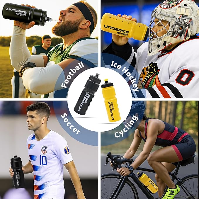 UICE Hockey Water Bottle 25.3oz 2 Pack - Leakproof Sport Water Bottles with Short/Long Nozzle Lids for Hockey/Lacrosse/Baseball/Softball/Football/Fitness,Yellow
