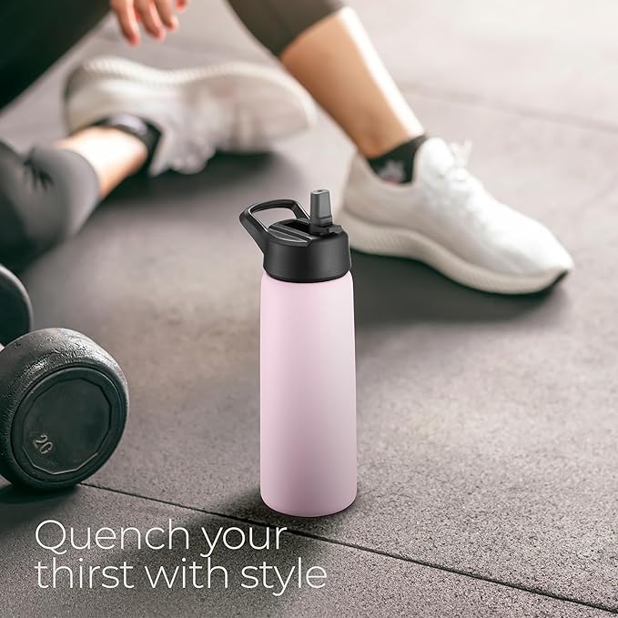 SIPX™ 25 oz Insulated Water Bottle with 3 Lids – Leakproof Stainless Steel, Triple Insulated – Cold 24 Hours/Hot 12 Hours – Durable Bottle for School, Gym, Travel – Light Pink