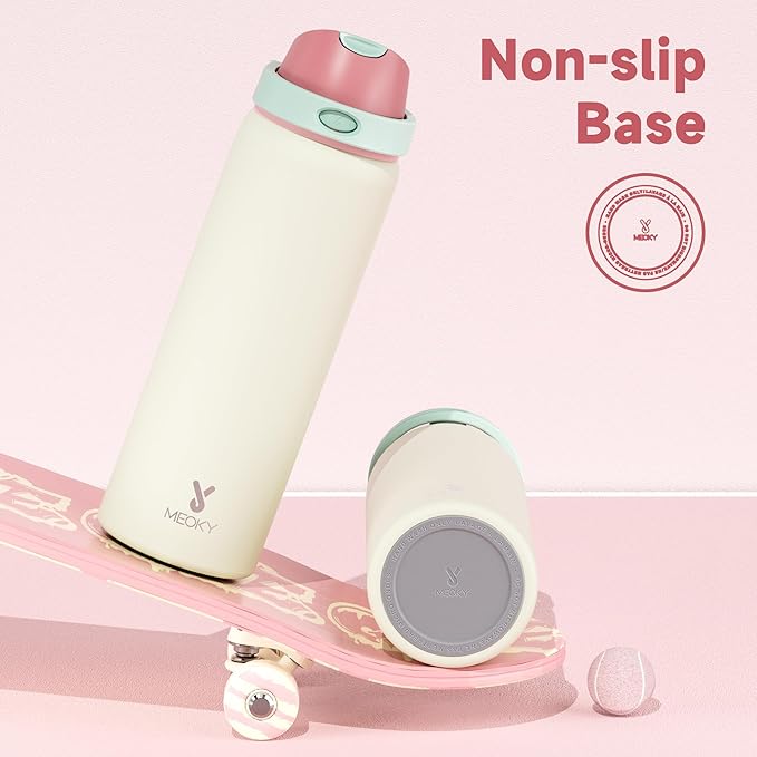 32 oz Insulated Water Bottle with Straw: Meoky Stainless Steel Metal Water Bottle with 2-in-1 Lid - Leak Proof, Cold for 24 Hours, Protective Silicone Base, BPA-Free for Sports Gym, Cream