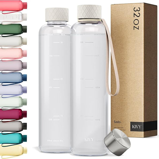 KIVY Slim Water Bottle 32oz [Lightweight & Shatterproof Tritan] Fits Backpack & Cupholder for Travel, Sports, School, Gym - Clear water bottle with measurements - Transparent Beige - Dishwasher Safe