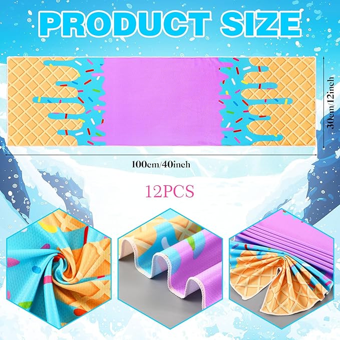 12pcs Baseball Ice Cream Drip Cooling Towels 40"x12" Microfiber Cooling Towels Sweat Absorbent Chilly Washcloth Baseball Team Gift Party Favor for Hot Weather Yoga Gym