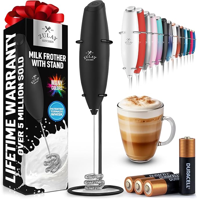Zulay Kitchen Tornado Whisk Milk Frother with 4 AA Duracell Batteries - Triple Whisk for More Power - Handheld Coffee Frother with Stand - Drink Mixer for Lattes, Matcha & Protein Shakes