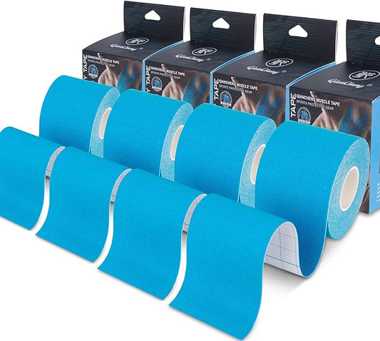 4 Pack Kinesiology Tape for Sports Athletes - 16 FT Waterproof Athletic Tape for The Knee, Elbow and Shoulder Muscles, etc. (Light Blue)